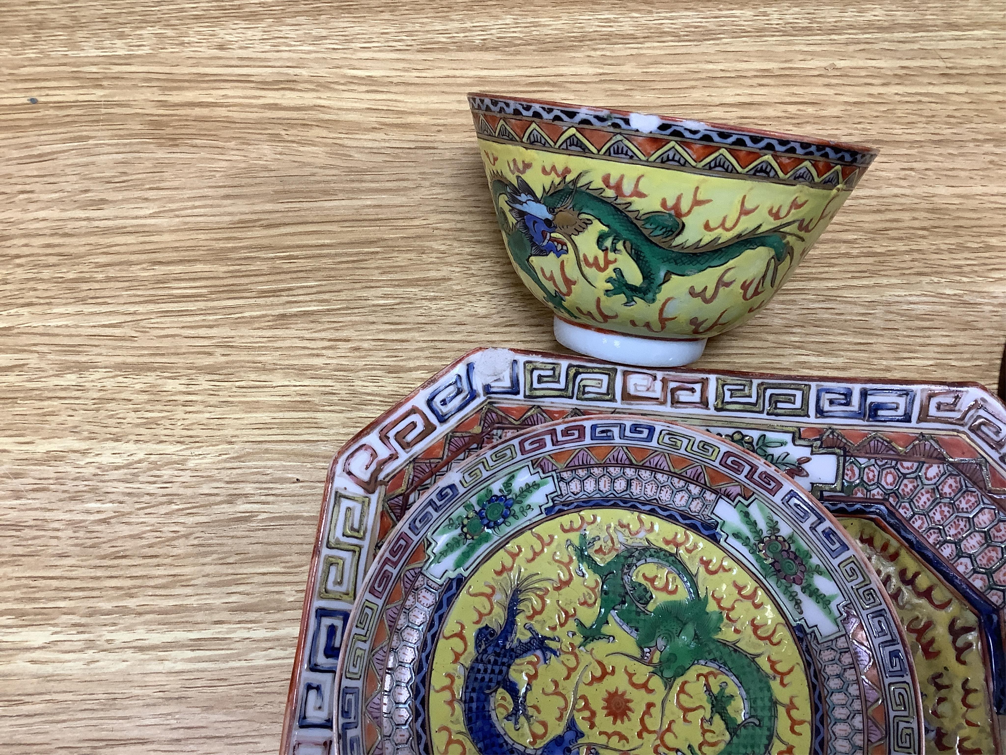 An early 20th century Chinese eggshell porcelain part tea set, with a yellow ground and coloured dragons (22). Condition - cups have slight chipping to top edges